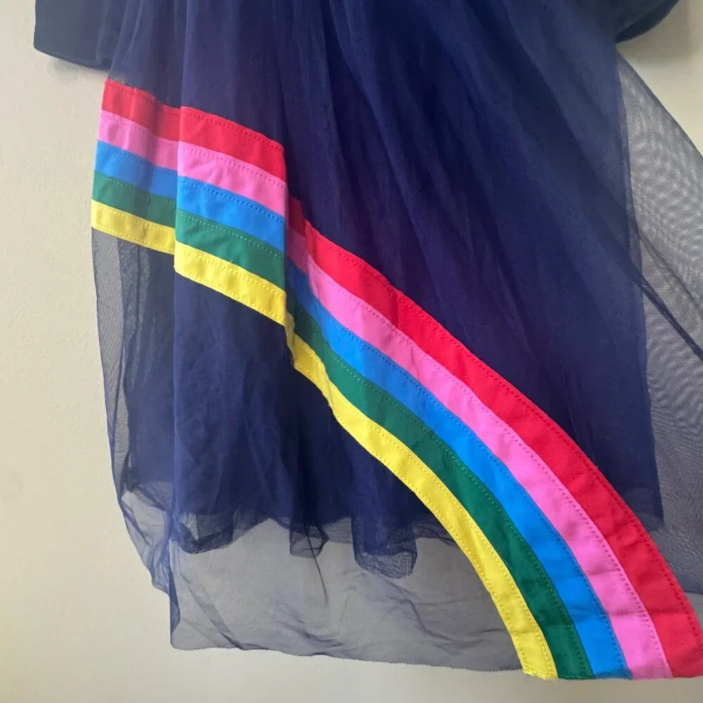 MINI BODEN Rainbow Tulle Dress Girls 9-10 140 NEW Blue Velour Applique Stars NWT - Picture 4 of 8